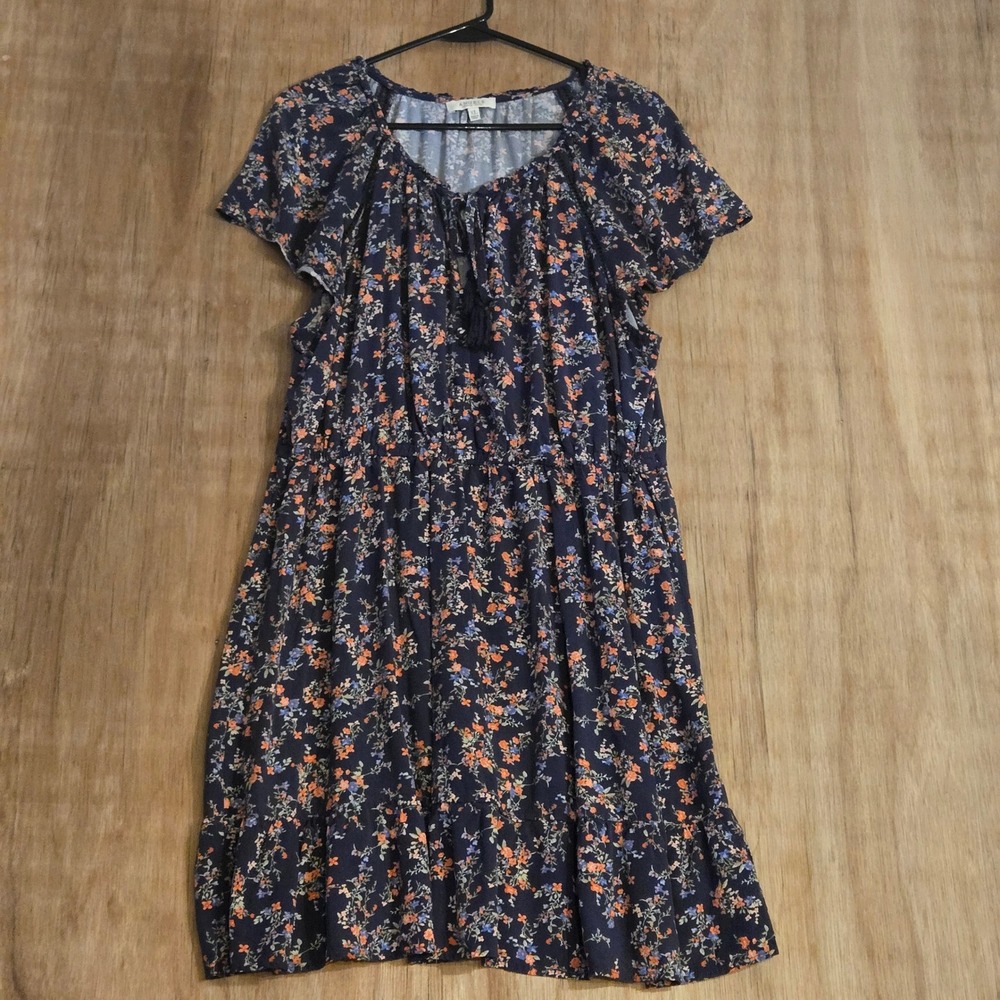 Angels Forever Young Navy Floral Boho Mini Dress XL Flutter Sleeve Tassel Tie